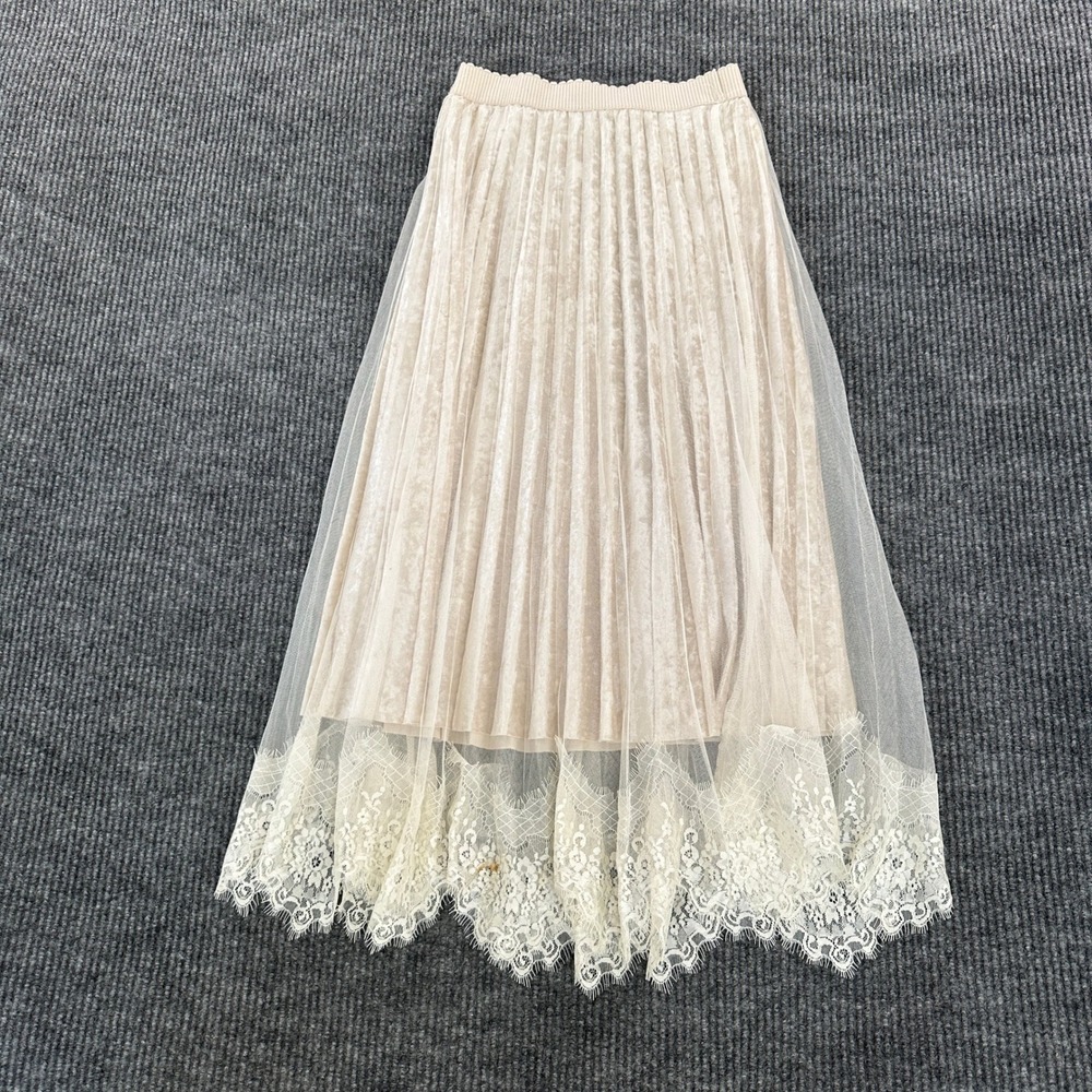 Studio West Womens Pleated Midi Skirt Small Beige Lace Trim Tulle Overlay